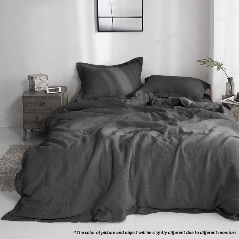 Simple&Opulence 100% Linen Duvet Cover Set with Embroidery Washed - 3 Pieces (1 Duvet Cover with 2 Pillow Shams) with Button Closure Soft Breathable Farmhouse - Dark Grey, King Size - Image 5
